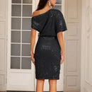 Damklänning med en axel och paljettmönster, glittrande festklänning för klubb