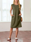 Kvinnor Rundhalsad Lös Split Skrynkelfri Midiklänning med fickor