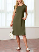 Kvinnor Rundhalsad Lös Split Skrynkelfri Midiklänning med fickor