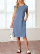 Kvinnor Rundhalsad Lös Split Skrynkelfri Midiklänning med fickor