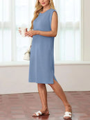 Kvinnor Rundhalsad Lös Split Skrynkelfri Midiklänning med fickor