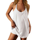 Damklänning med ärmlös sportig miniklänning med inbyggda shorts, v-ringad, spaghettiband och fickor