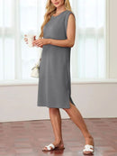 Kvinnor Rundhalsad Lös Split Skrynkelfri Midiklänning med fickor