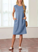 Kvinnor Rundhalsad Lös Split Skrynkelfri Midiklänning med fickor