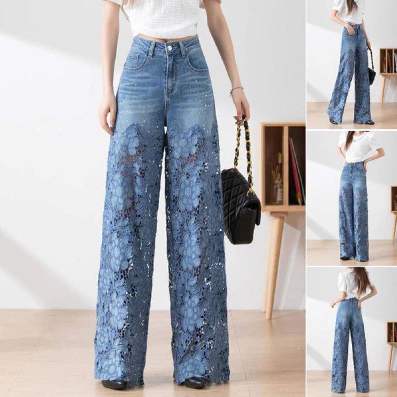 Blå denimbyxor med hög midja och vida ben för kvinnor, utskurna spetspaneler