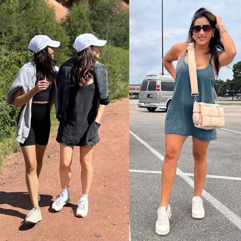 Damklänning med ärmlös sportig miniklänning med inbyggda shorts, v-ringad, spaghettiband och fickor