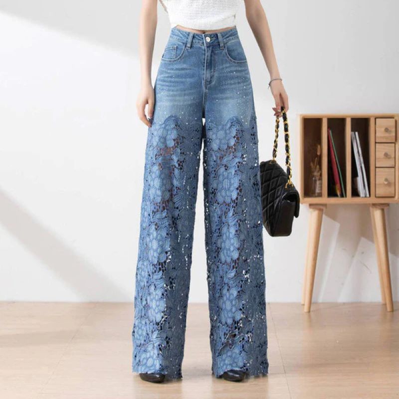 Blå denimbyxor med hög midja och vida ben för kvinnor, utskurna spetspaneler