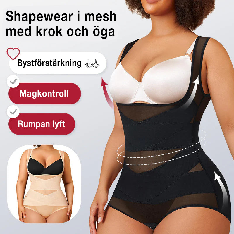 Kroppsformande plagg i ett stycke med lätt och andningsbar mesh, maglyftande och bröststödjande