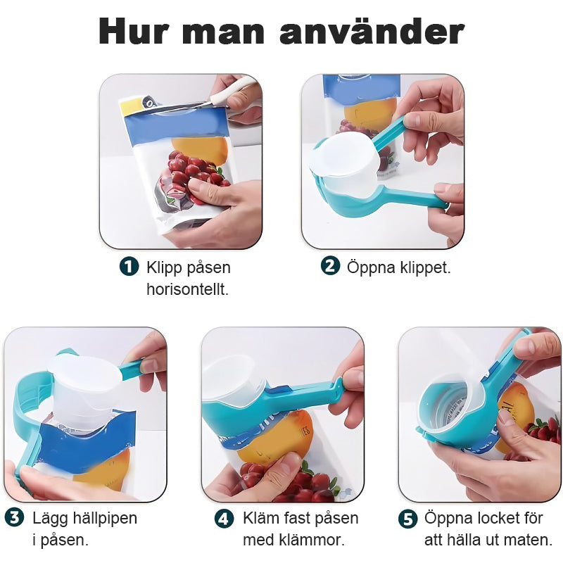 Matpåse förseglingsklämma med hällpip