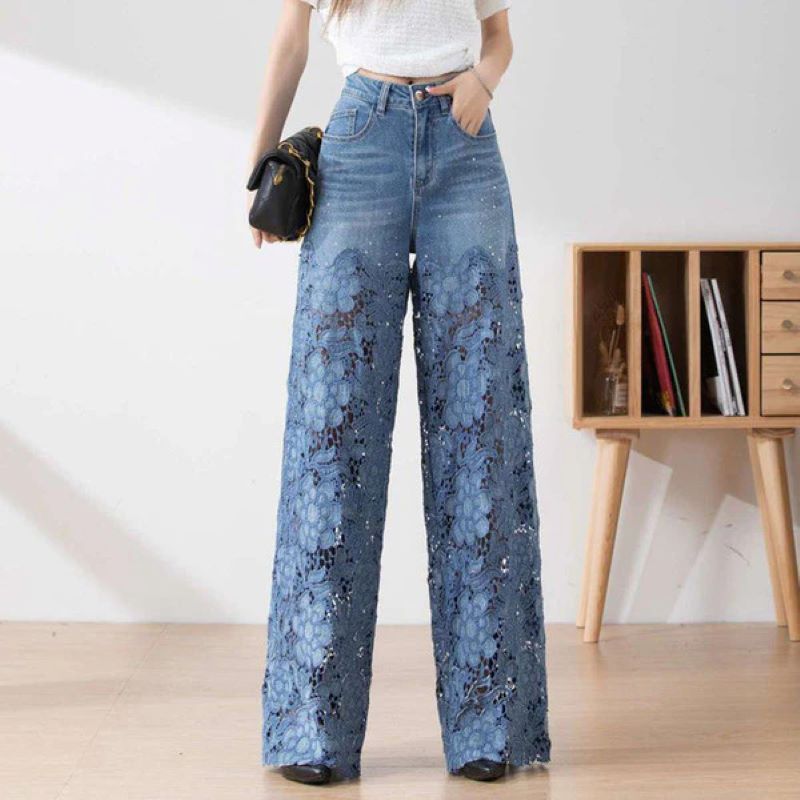 Blå denimbyxor med hög midja och vida ben för kvinnor, utskurna spetspaneler