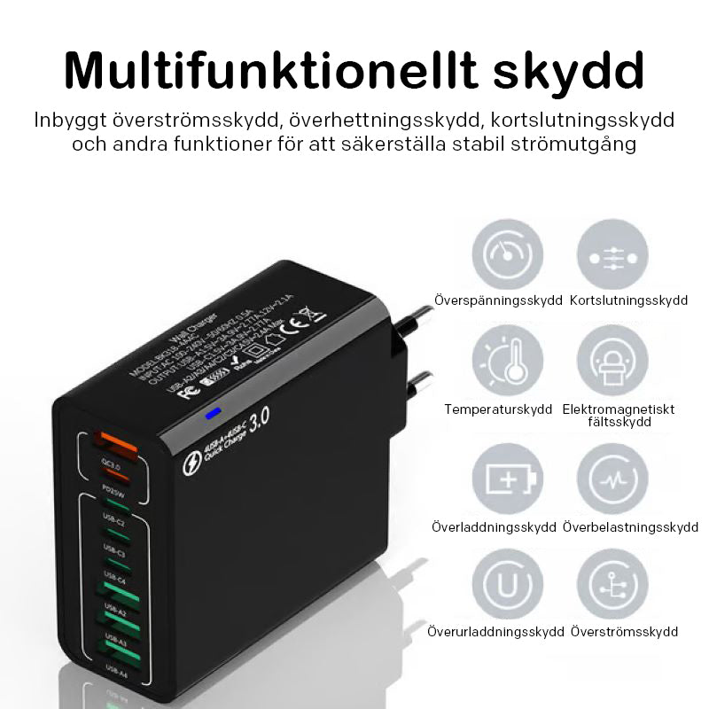 8 i 1 Vattentät USB-snabbladdare med portar