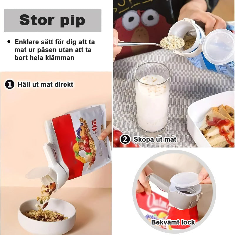 Matpåse förseglingsklämma med hällpip