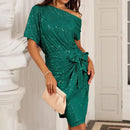 Damklänning med en axel och paljettmönster, glittrande festklänning för klubb