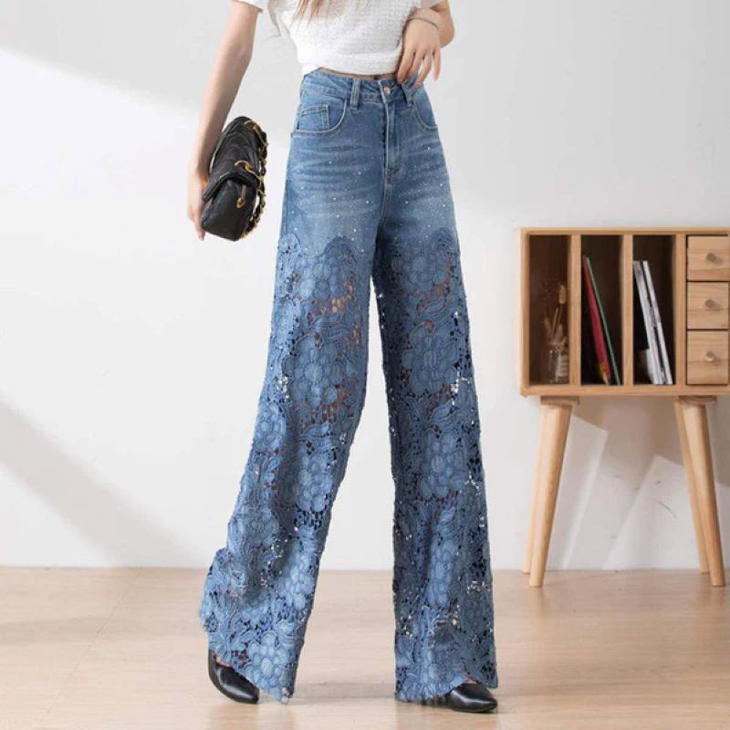 Blå denimbyxor med hög midja och vida ben för kvinnor, utskurna spetspaneler