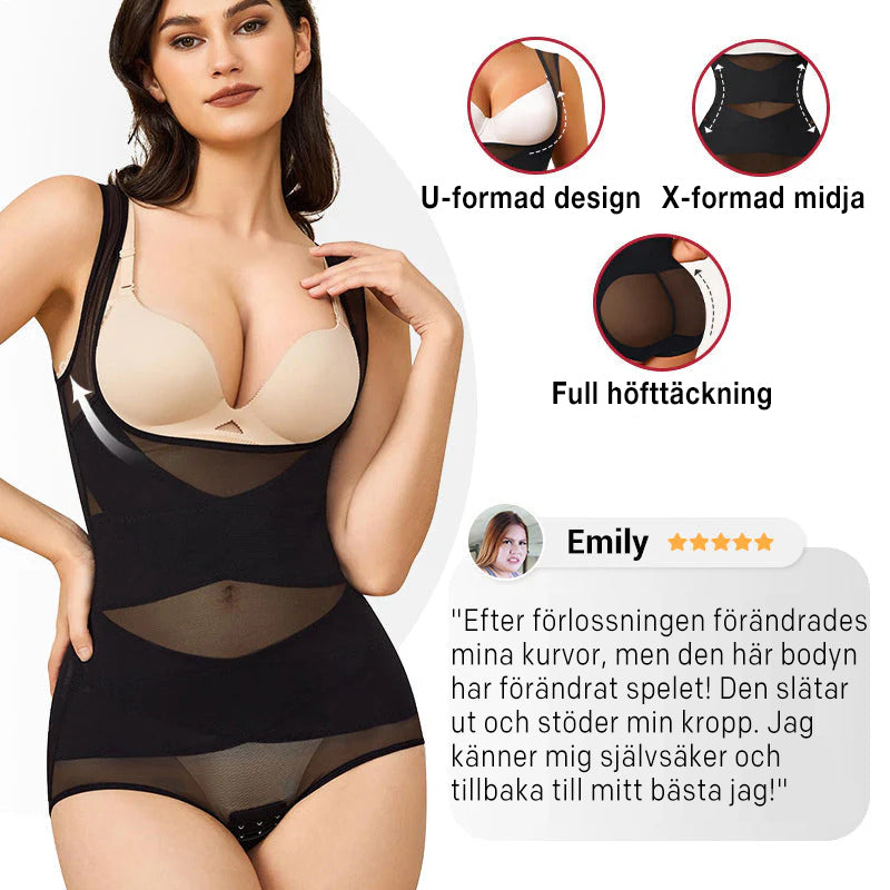 Kroppsformande plagg i ett stycke med lätt och andningsbar mesh, maglyftande och bröststödjande