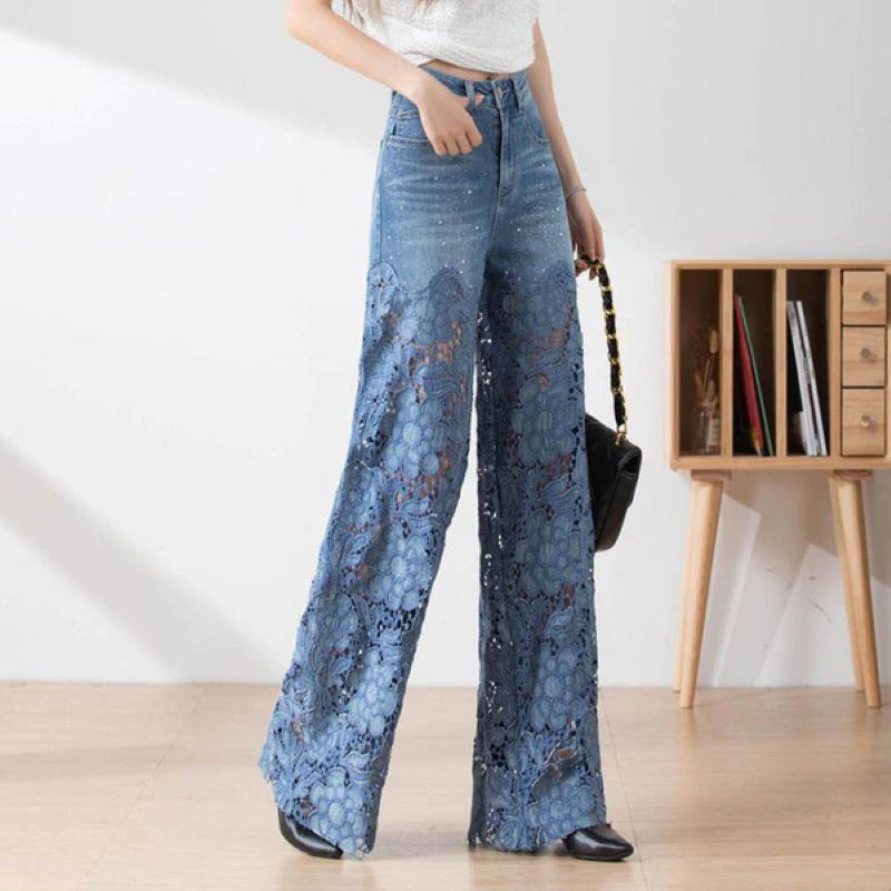 Blå denimbyxor med hög midja och vida ben för kvinnor, utskurna spetspaneler