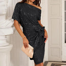 Damklänning med en axel och paljettmönster, glittrande festklänning för klubb