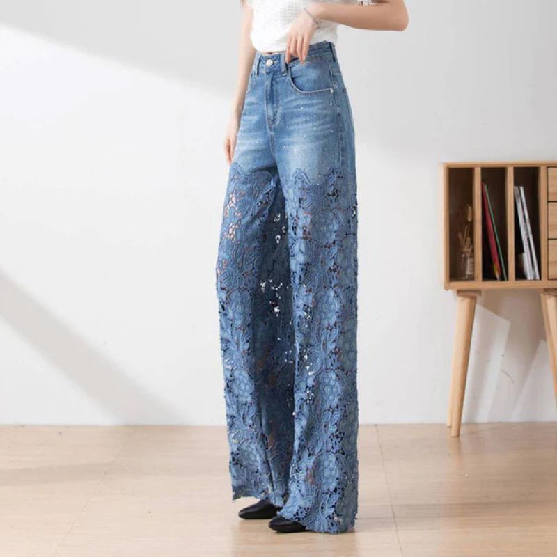 Blå denimbyxor med hög midja och vida ben för kvinnor, utskurna spetspaneler