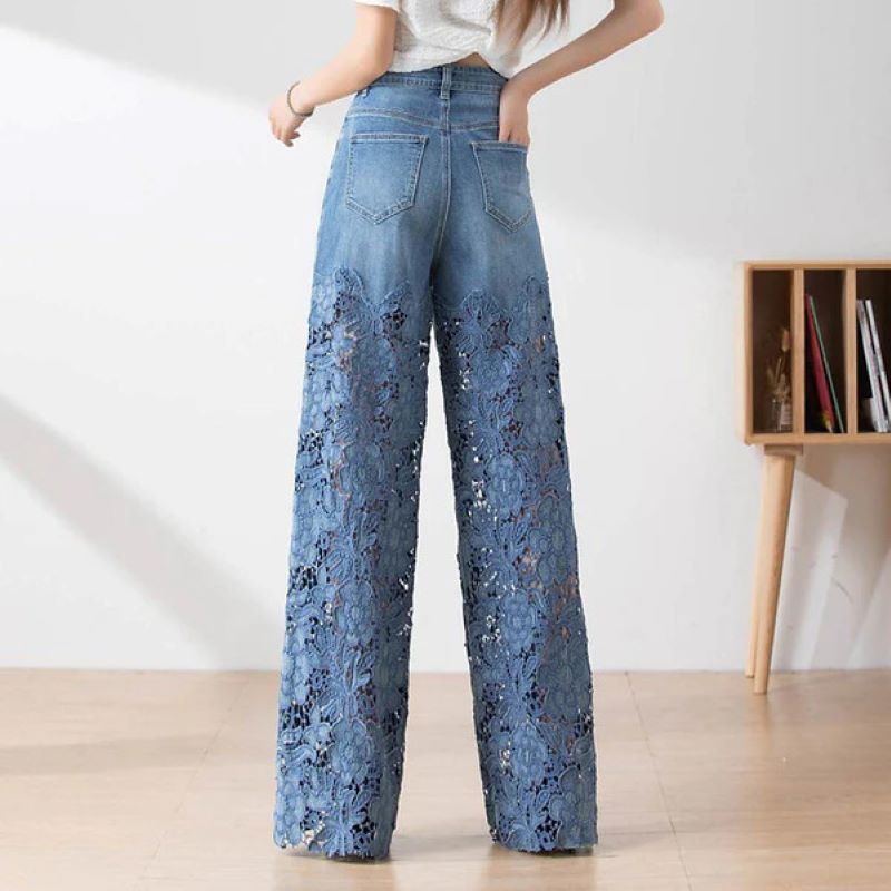 Blå denimbyxor med hög midja och vida ben för kvinnor, utskurna spetspaneler