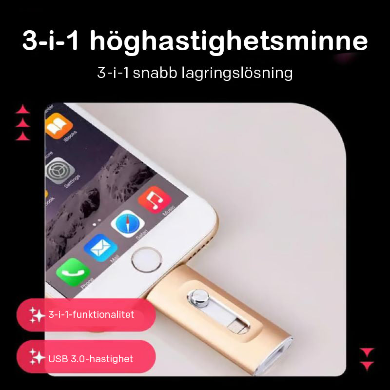 ⚡3-i-1-minne, bärbart höghastighets-USB 3.0-minne, OTG-minne med gratis typ-C-adapter för Android-telefoner/PC och fler enheter