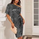 Damklänning med en axel och paljettmönster, glittrande festklänning för klubb