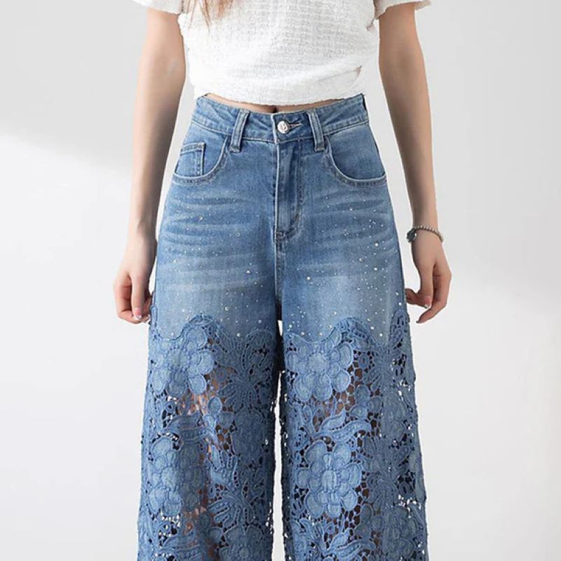 Blå denimbyxor med hög midja och vida ben för kvinnor, utskurna spetspaneler